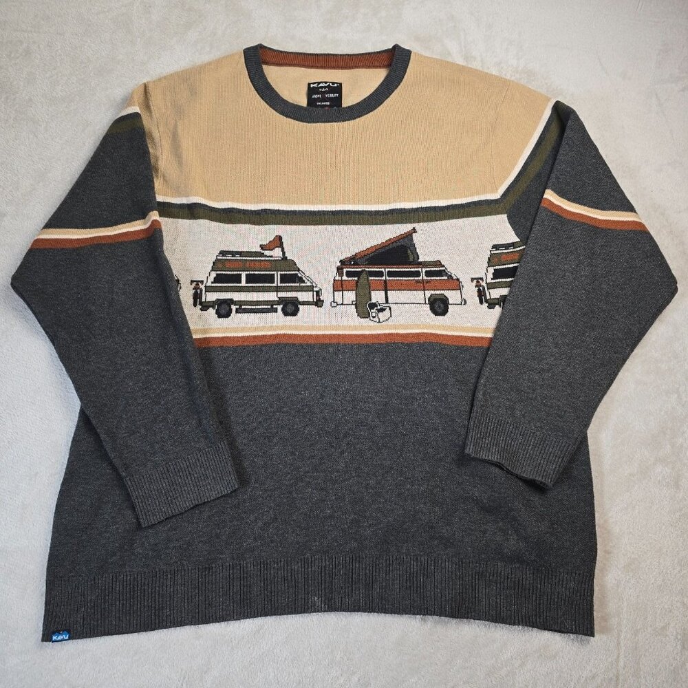 KAVU Sweater Mens XXL Gray Tan Colorblock Retro Camper Van Life Outdoor Camping